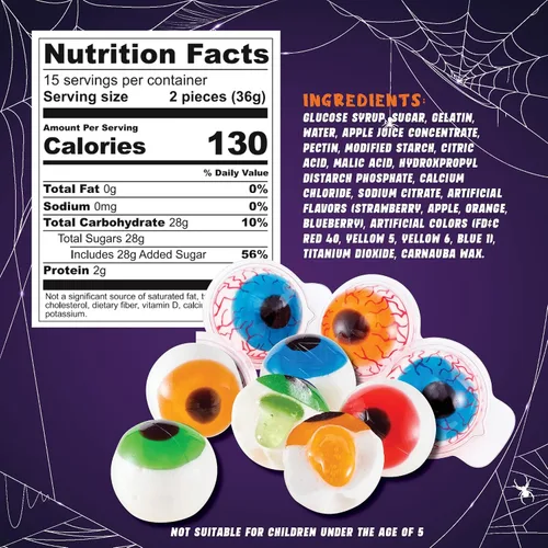 Vista 2 de 30 Gomitas de Ojos, Dulce de Ojos Espeluznante en 4 Sabores, Gomitas Blandas con Relleno de Gelatina Afrutada, Envueltas Individualmente