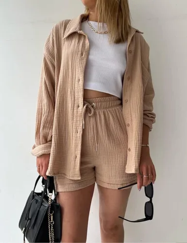 Vista 2 de ELLENWELL Conjunto de 2 piezas para mujer, conjunto de ropa de descanso de manga larga con botones y pantalones cortos