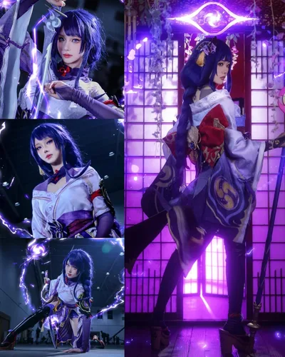 Vista 3 de Half and Half Raiden Shogun - Peluca larga para cosplay, color morado oscuro, degradado, pelucas trenzadas de anime con flequillo, cabello sintético