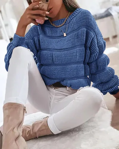 Vista 5 de PRETTYGARDEN Suéteres de otoño 2024 para mujer, estilo casual, cuello redondo, manga larga, holgados, lisos, de punto grueso, linda blusa