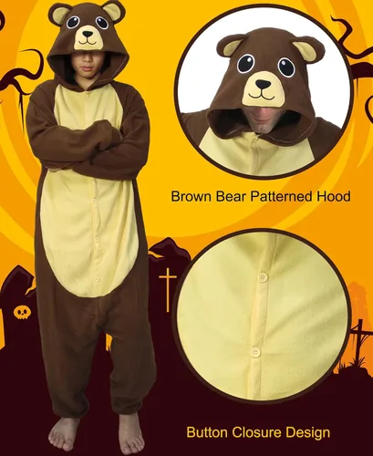 Vista 2 de Oiziuzio Disfraz de oso para adultos, pijama unisex de oso de animales, para Halloween, cosplay, ropa de dormir, para el hogar, color marrón