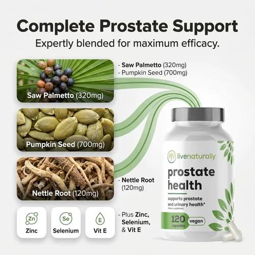 Vista 3 de Suplemento para la salud de la próstata para hombres – Saw Palmetto con semillas de calabaza, ortiga, zinc y selenio – Apoya el flujo urinario