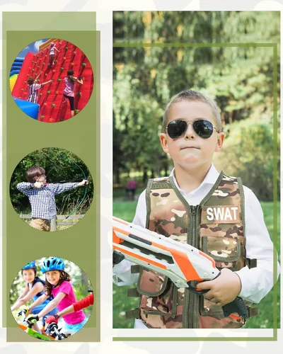 Vista 5 de SATINIOR Chaleco táctico para niños, chaleco de combate del ejército al aire libre con medio dedo, guantes cortos transpirables