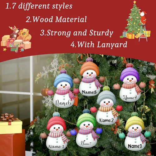 Vista 2 de Adornos de Navidad personalizados con nombres, muñeco de nieve, 8 piezas, adorno familiar personalizado, decoración colgante de madera para árbol