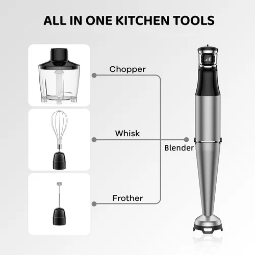 Vista 2 de Batidora de inmersión de mano de 1100 W con cable 5 en 1 con velocidad de control de gatillo, batidora, accesorios para espumar leche para sopa