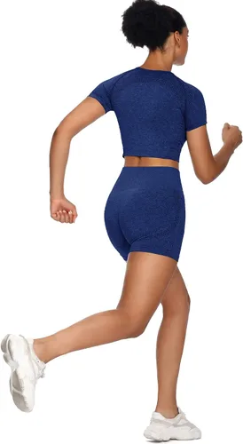 Vista 4 de Sytiz Conjunto de 2 piezas de yoga sin costuras para mujer, pantalones cortos de gimnasio y camiseta corta de manga corta