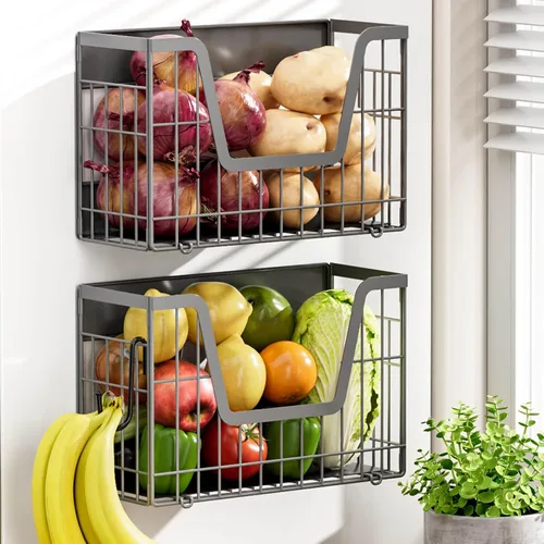 Vista 11 de 2 Juego de Estante Magnético para Nevera, Recipientes Magnéticos para Almacenamiento de Papas y Cebollas, Cesta Magnética para Frutas para Nevera