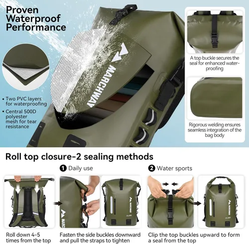 Vista 4 de MARCHWAY Mochila impermeable con parte superior enrollable, bolsa seca flotante de 20L/30L/45L con base rectangular ergonómica, espalda acolchada