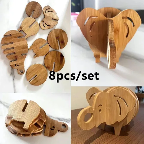 Vista 5 de Juego de 8 alfombrillas de cocina empalmes de elefante 3D empalmable, resistencia al calor, almohadillas calientes de bambú creativas