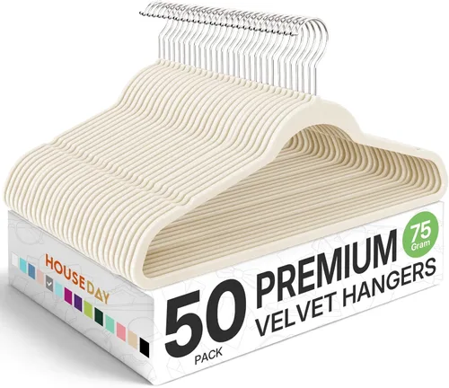 Vista 24 de HOUSE DAY - Paquete de 50 perchas de terciopelo premium, perchas antideslizantes de fieltro aterciopelado, perchas resistentes para ropa con gancho