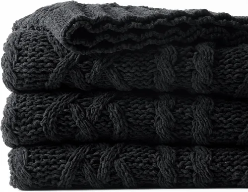 Vista 3 de Battilo Manta Negra para Sofá, Manta de Punto Cable para Cama, Silla, Decoración del Hogar, Manta de Chenilla Tejida Suave y Acogedora, Manta Negro