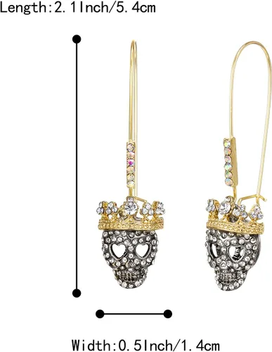 Vista 6 de BriLove Disfraz de Halloween, esqueleto gótico, corona de calavera espeluznante, aretes colgantes con diamantes de imitación para cosplay, fiesta