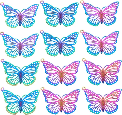 Vista 8 de Beadthoven - Dije de filigrana de acero inoxidable con dije de filigrana, colgantes, hojas de plumas, mariposas, gotas de té color arco iris Surtido