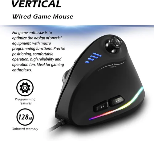 Vista 2 de Ratón vertical, ergonómico USB con cable vertical con [5 D Rocker] [10000 DPI] [11 botones programables], mouse RGB