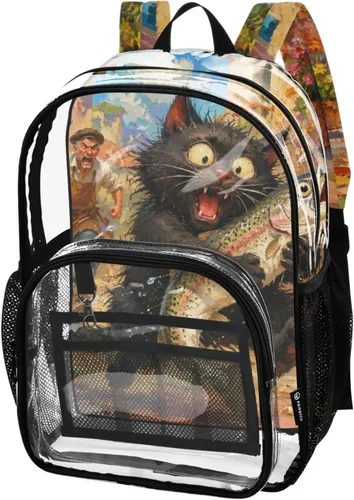 Vista 18 de Mochila transparente con diseño de gato negro y helado para la Lirios de gato azul
