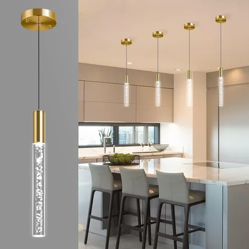 Vista 10 de Moderna lámpara colgante dorada, 1 luz LED colgante de 3 colores, cable acrílico, luces colgantes de techo ajustables para cocina, isla, sala