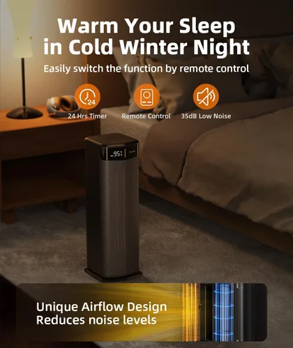 Vista 4 de BREEZOME Calentador de espacio para uso en interiores, calentador eléctrico de calentamiento rápido de 1500 W con termostato y temporizador de 24