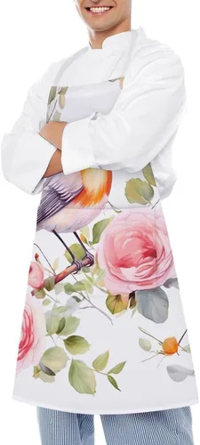 Vista 4 de Personalized Floral Print Watercolor Robin Bird Adult Apron, Kitchen Cooking Aprons for Woman Man, Adjustable Bib Apron with Pocket for Baking, BBQ