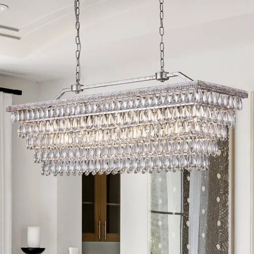 Vista 13 de Wellmet Candelabro de cristal para comedor, lámpara de techo rectangular de cristal de bronce antiguo de 30 pulgadas, 4 luces, iluminación de isla