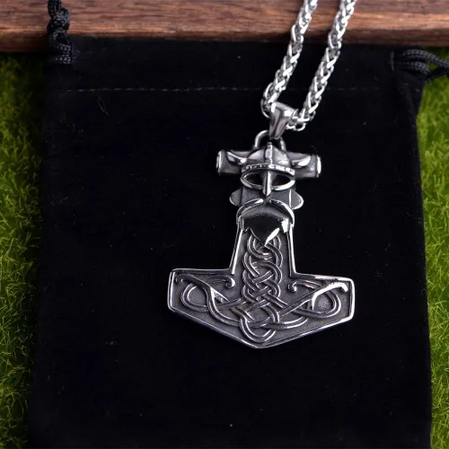 Vista 7 de LANGHONG Collar de martillo de Thor vikingo nórdico Mjolnir para hombre, joyería de talismán