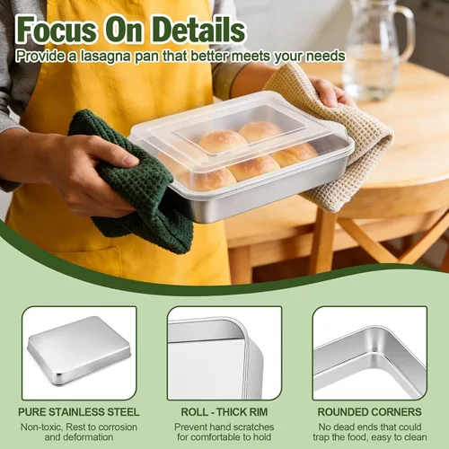 Vista 4 de TeamFar Molde para hornear con tapa, bandeja rectangular de acero inoxidable para lasaña de 9.3 x 7 pulgadas con tapa para cacerolas de brownies