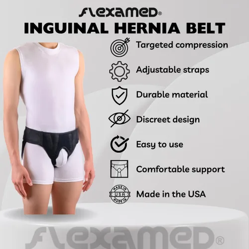 Vista 5 de FlexaMed Hernia Gear - Cinturón doble para hernia inguinal, color negro (S 26-30)