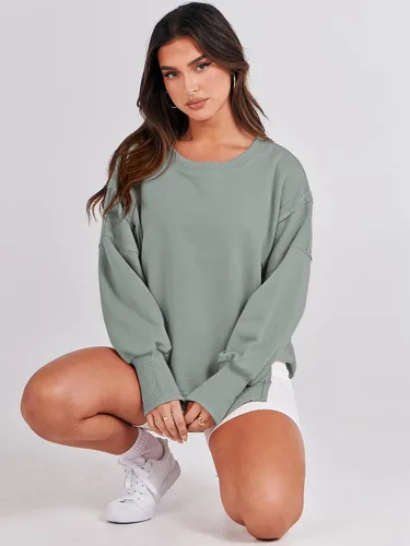Vista 4 de ANRABESS Sudadera de gran tamaño para mujer, cuello redondo, manga larga, casual, con abertura, sin botones, ropa de otoño