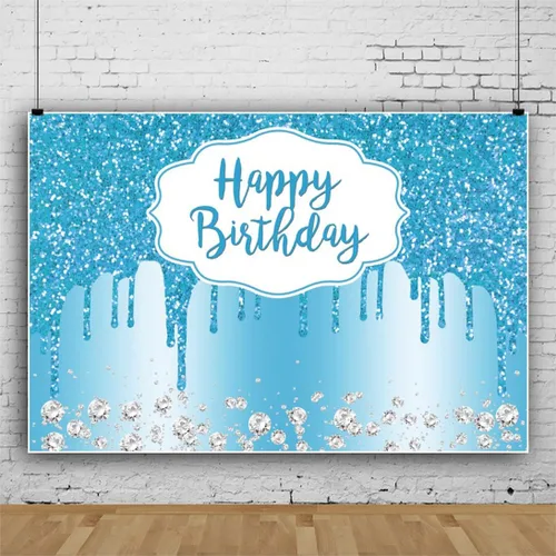 Vista 3 de Telón de fondo de cumpleaños azul con lentejuelas y diamantes con purpurina para mujeres y niñas, decoración de fiesta de cumpleaños, 16, 18, 21
