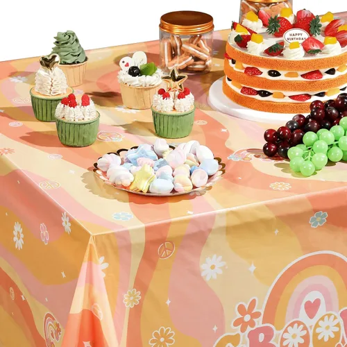 Vista 5 de Tiamon 3 manteles de plástico con diseño de arco iris y estilo hippie retro para mesa rectangular, desechables, margaritas y flores de arco iris