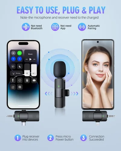 Vista 4 de PQRQP Micrófonos inalámbricos Lavalier 3 en 1 para iPhone, iPad, Android, cámara, micrófono USB-C, batería de 7 horas, micrófono mini con reducción