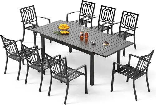 Vista 16 de PHI VILLA Juego de comedor al aire libre de 7 piezas para 6, mesa rectangular de metal negro de 60 pulgadas con agujero para sombrilla y sillas