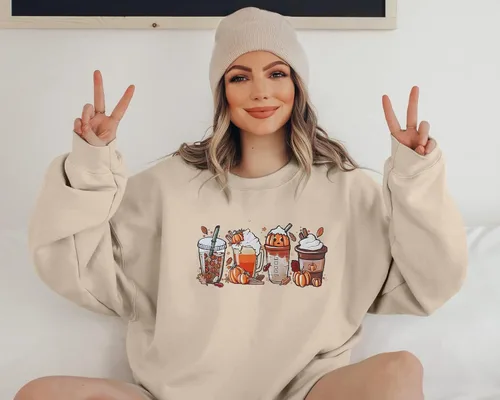 Vista 2 de LOTUCY Sudaderas de Halloween con diseño de calabaza y café para mujer, diseño de calabaza, especias, latte, otoño, cuello redondo, manga larga
