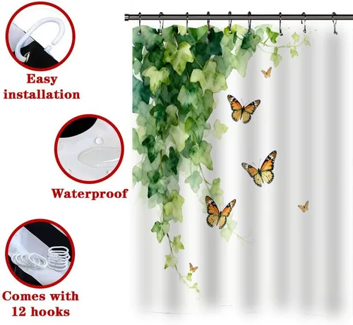 Vista 6 de Cortina de ducha, tela impermeable para baño, cortinas decorativas para baño, hotel (cortina, hoja verde)