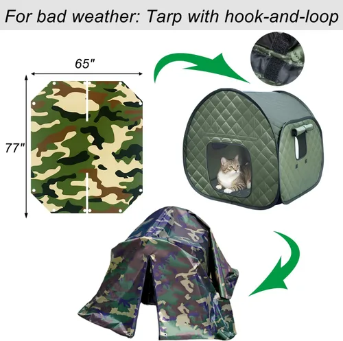 Vista 2 de Casa plegable para gatos callejeros para exteriores, 23.6 pulgadas, refugio aislado acolchado verde militar con mosca impermeable de camuflaje, 2