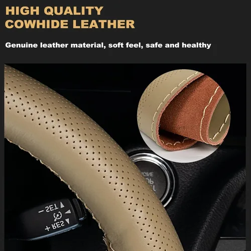 Vista 4 de AUTOXBERT Funda de volante de 38cm/15 pulgadas de piel auténtica para coser a mano, estilo DIY, con hilo y agujas, se ajusta para VW Ford Nissan Kia