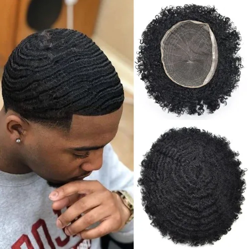 Vista 16 de Afro Toupee para hombres negros, unidad de cabello humano brasileño de encaje francés para hombres afroamericanos africanos y negros, sistema