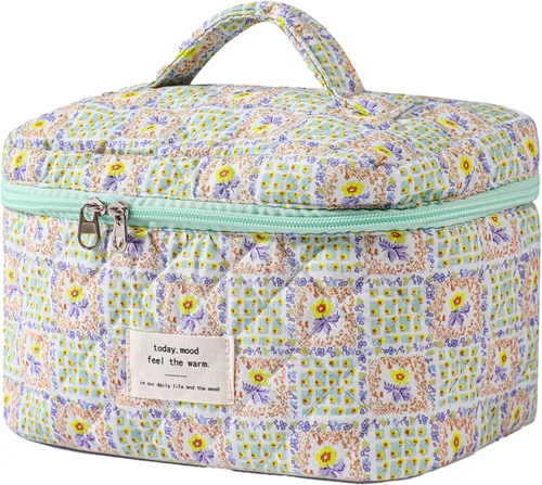 Vista 30 de uekeboag - Bolsa de maquillaje grande de viaje acolchada para mujer, neceser de algodón con estampado floral, neceser con estampado floral