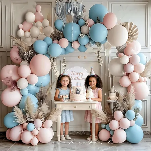 Vista 5 de Kit de guirnalda de globos rosa y azul, doble relleno, azul polvoriento, rosa, blanco, arena, nude, crema, para revelación de género, baby shower