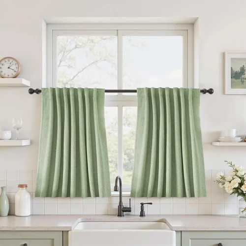 Vista 115 de UHITECH Cortinas cortas de lino de 24 pulgadas de largo para ventanas pequeñas de granja, cortinas opacas modernas para sala de estar, pestañas