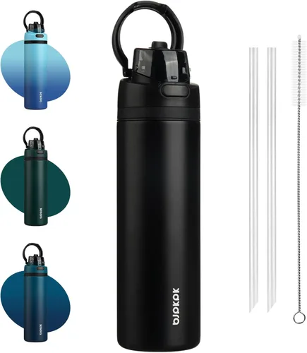 Vista 15 de BJPKPK Botella de agua aislada de 17 onzas con tapa de popote y asa, acero Verde militar