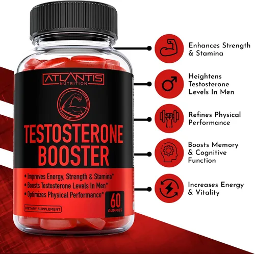 Vista 2 de Atlantis Nutrition Gomitas potenciadoras de testosterona para hombres, mejora la fuerza y la resistencia, optimiza el rendimiento y la mejora