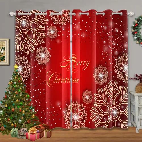 Vista 21 de Renaiss Cortinas opacas de Navidad con tablones de madera rústica para dormitorio, con ojales, estampado de copos de nieve navideños, cortinas