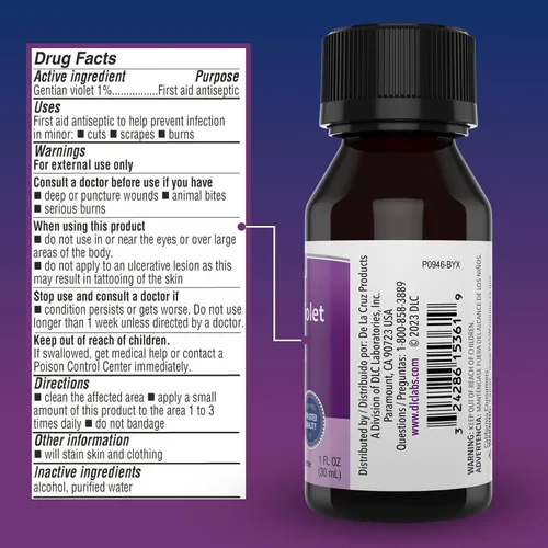 Vista 8 de De La Cruz Gentian Violet - Violeta de Genciana 1% Antiséptico para primeros auxilios para cortes, raspones y quemaduras, 1 onza líquida
