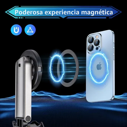 Vista 2 de MQOUNY para soporte trípode Magsafe para iPhone, palo selfie portátil de bolsillo con control remoto recargable y anillo de metal, trípode