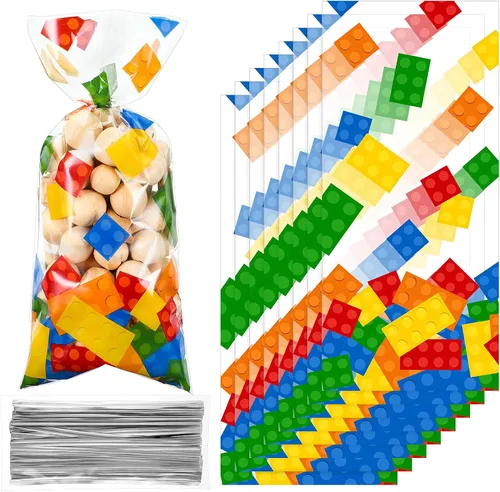 Vista 8 de 100 bolsas de celofán con bloques de construcción, suministros para fiesta de cumpleaños, bolsas de dulces con 100 lazos plateados para recuerdos