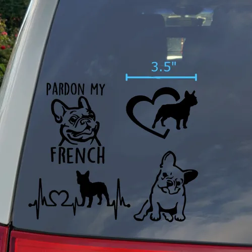 Vista 3 de Frenchie Decals Paquete de 4: corazones de perro francés detallados y calcomanías de perro toro (3.5 pulgadas, negro)
