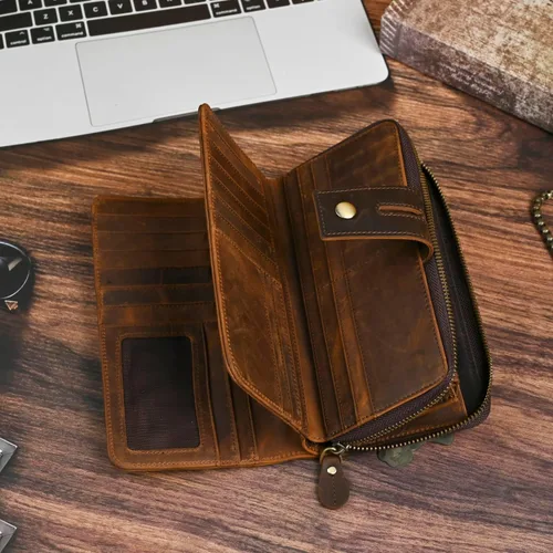Vista 27 de Genuino Caballo Loco Cuero Regalo de Viaje Moneda Bolsillo Tarjetero Organizador Largo Cadena Rfid Cartera Monedero Con Broche Para Hombres Hombres