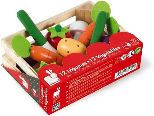 Vista 4 de Janod J05611 - Juego de cajas de verduras de madera de 13 piezas - Edades 3+