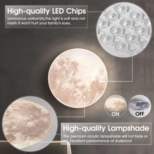 Vista 4 de Lámpara de Techo Empotrada Estilo Luna de 31W 13.8 pulgadas 5000K, Luces de Techo LED Modernas, Lámpara de Techo Blanco Luz de Día para Dormitorio