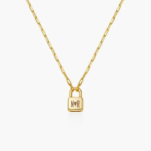 Vista 3 de Collar con dije de bloqueo inicial personalizado con cadena de eslabones de clip - Oro amarillo de 14 quilates, plata de ley 0.925, oro de 18